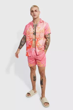 Boohoo Dames Korte mouw - Short Sleeve Satin Scenic Homme Shirt & Short, Pink