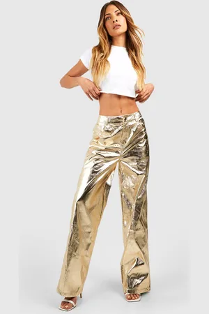 Boohoo Nepleren Metallic High Waist Broek Met Rechte Pijpen