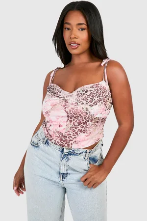 Boohoo Plus Vervaagde Mesh Luipaardprint Corset Top Met Schouderstrikjes