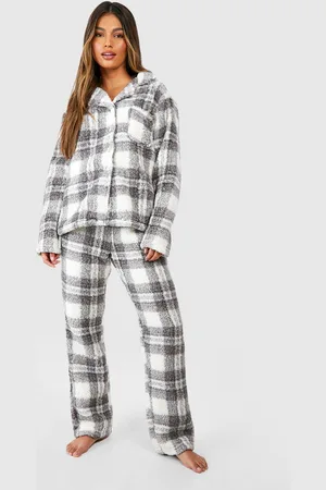Boohoo Grijze Geruite Fleece Set Met Broek Met Knopen