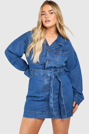 Boohoo Plus Spijkerjurk Met Lange Mouwen En Ceintuur