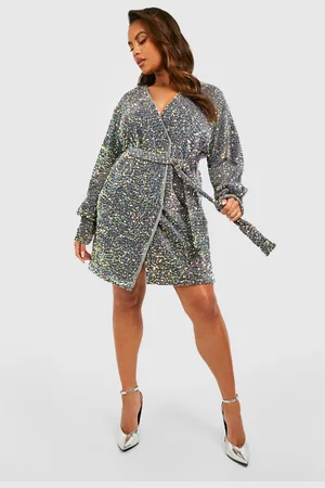 Boohoo Plus Fluwelen Glitter Wikkel Jurk Met Pailletten