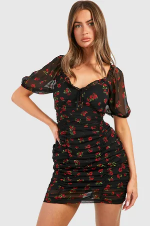 Boohoo Geplooide Chiffon Bloemenprint Mini Jurk