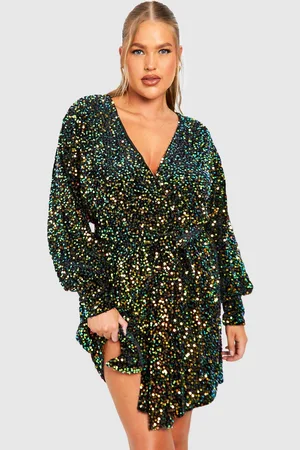 Boohoo Plus Fluwelen Glitter Wikkel Jurk Met Pailletten