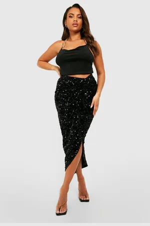 Boohoo Plus Geplooide Glitter Midi Rok Met Pailletten En Voor- En Achteropdruk