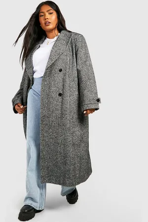 Boohoo Plus Wollen Herringbone Jas Met Dubbele Knopen