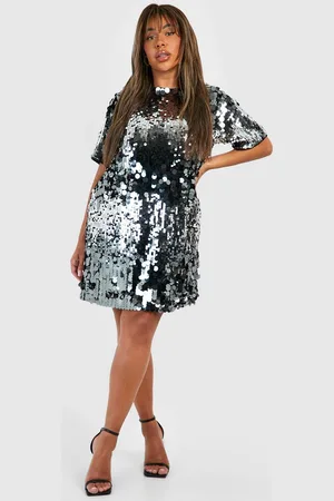 Boohoo Plus Oversized Glitter T-Shirt Jurk Met Pailletten