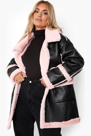Boohoo Plus Roze Long Line Aviator Jacket Met Faux Fur Zoom