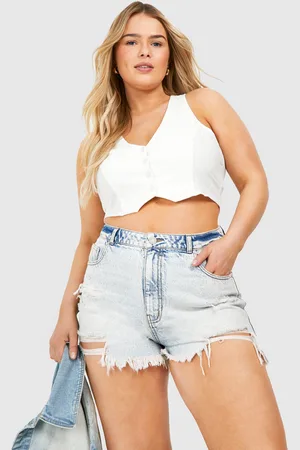 Boohoo Plus Versleten Denim Mom Shorts