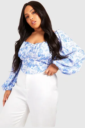 Boohoo Plus Porselein Print Korset Top Met Geplooide Buste