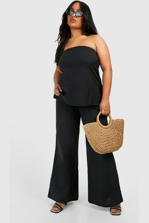 Boohoo Plus Linnen Wide Leg Broek En Bandeau Top Set