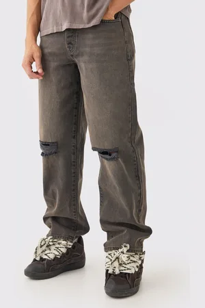 Boohoo Onbewerkte Bruine Baggy Jeans Met Gescheurde Knieën