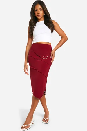 Boohoo Kersen Midi Rok Met Metalen Afwerking En Ceintuur