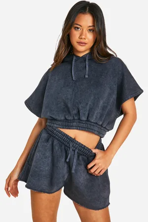 Boohoo Mouwloze Acid Wash Gebleekte Hoodie En Sweat Shorts Set