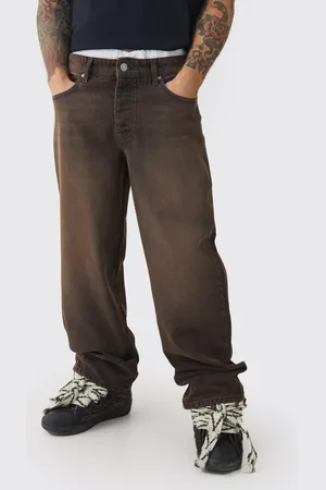 Boohoo Onbewerkte Baggy Denim Jeans Met Dubbele Tailleband In Bruin
