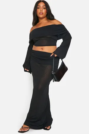 Boohoo Plus Off Shoulder Top Met Textuur En Maxi Rok Set
