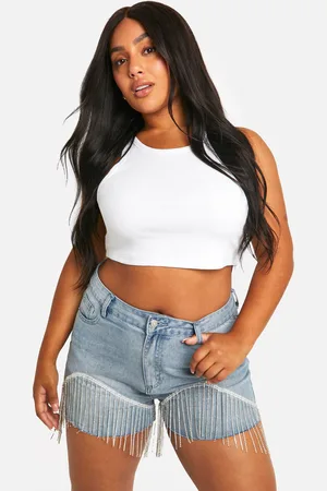 Boohoo Plus Denim Shorts Met Steentjes En Gerafelde Zoom