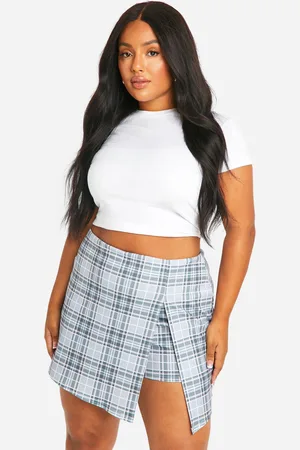 Boohoo Plus Geruite Geweven Getailleerde Stretch Skort Met Split