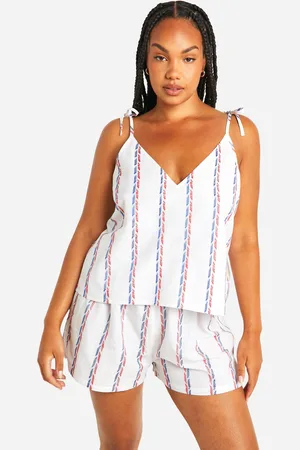Boohoo Plus Katoenen Gestreept Poplin Hemdje En Shorts Pyjama Set