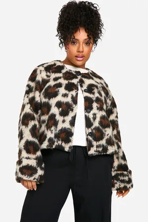 Boohoo Plus Kraagloze Wollen Luipaardprint Jas