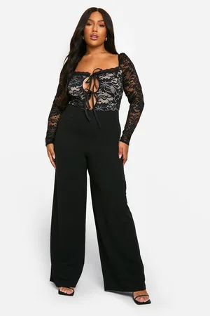 Boohoo Plus Kanten Wide Leg Jumpsuit Met Strik