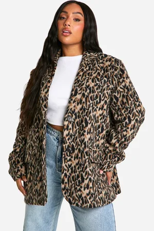 Boohoo Plus Wollen Luipaardprint Blazer Met Schouderpads