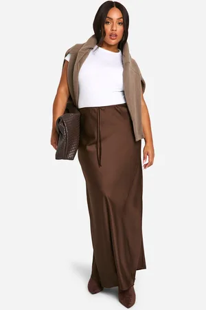 Boohoo Plus Satijnen Maxi Rok Met Touwtjes