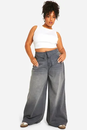 Boohoo Plus Denim Wide Leg Broek Met Geplooide Tailleband
