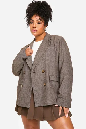 Boohoo Plus Wollen Herringbone Blazer Met Dubbele Knopen