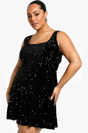 Boohoo Plus Fluwelen Skater Jurk Met Pailletten