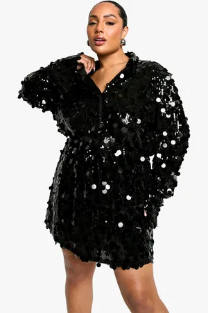 Boohoo Plus Mini Jurk Met Pailletten, Laag Decolleté En Kraag