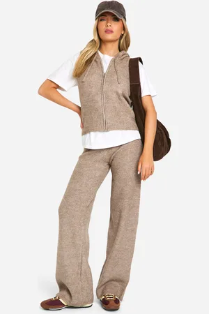Boohoo Zachte Gebreide Mouwloze Hoodie En Wide Leg Broek Set