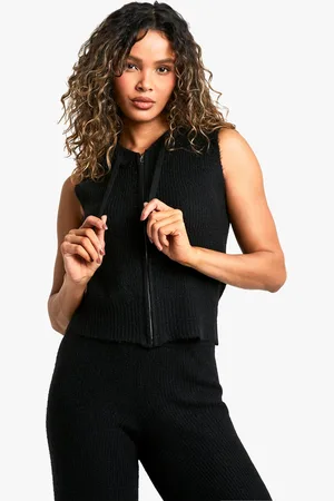 Boohoo Zachte Gebreide Mouwloze Hoodie En Wide Leg Broek Set