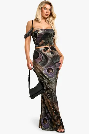 Boohoo Geplet Mesh Pauwenveren Maxi Rok Met Print