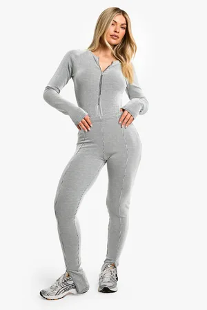 Boohoo Geribbelde One Piece Met Rits, Lange Mouwen En Leggings Met Split Set