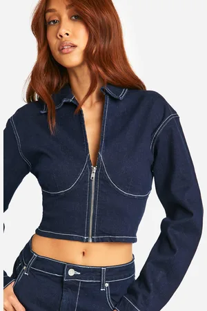 Boohoo Indigo Indigo Spijkerjas Met Korset Cup Detail En Contrasterende Stiksels