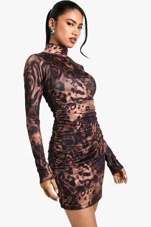 Boohoo Geplooide Strakke Luipaardprint Mini Jurk Met Hoge Hals