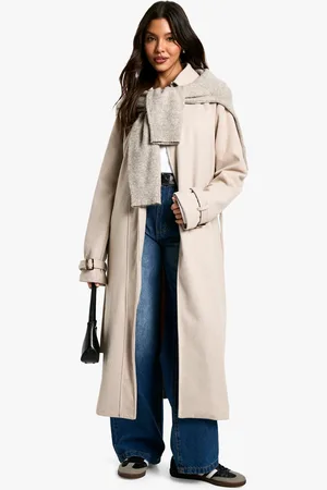 Boohoo Nepwollen Herringbone Jas Met Ceintuur