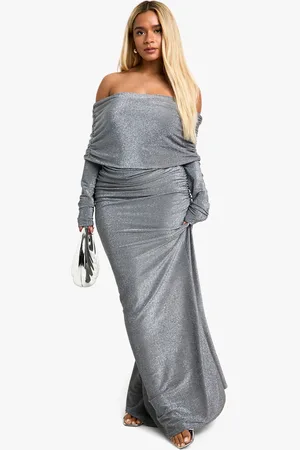 Boohoo Plus Geplooide Crêpe Glitter Midaxi Jurk Met Wijde Pijpen En Uitgesneden Hals