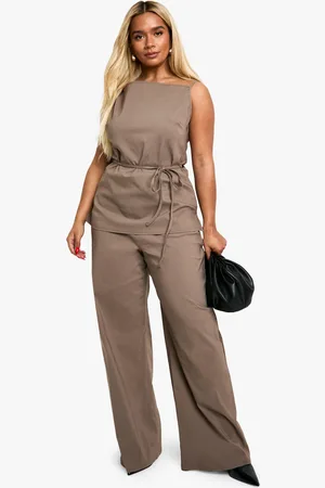 Boohoo Plus Top Met Ceintuur En Wide Leg Broek Set