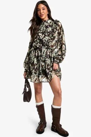 Boohoo Chiffon Bloemenprint Mini Jurk Met Lange Mouwen