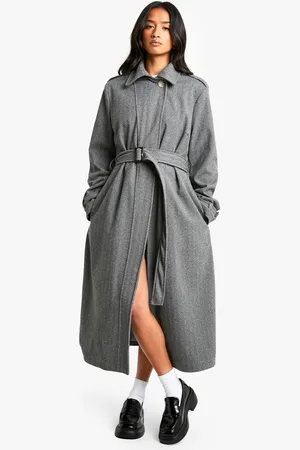 Boohoo Petite Nepwollen Herringbone Jas Met Ceintuur
