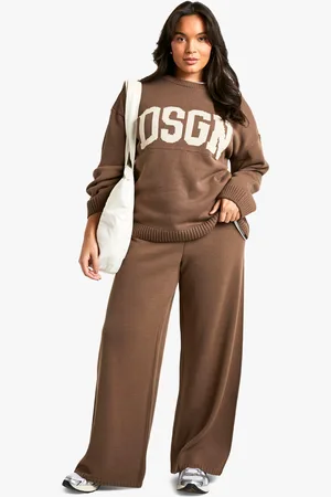 Boohoo Plus Gebreide Dsgn Studio Set Met Broek Met Crewneck En Wide Leg Broek