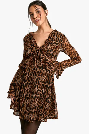 Boohoo Luipaardprint Mini Jurk Met Geplooide Mouwen
