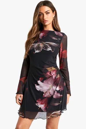 Boohoo Mesh Bloemen A-Line Mini Jurk Met Print