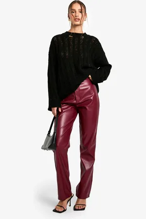 Boohoo Bordeauxrode Nepleren High Waist Broek Met Rechte Pijpen