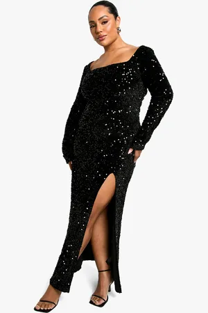 Boohoo Plus Fluwelen Glitter Maxi Jurk Met Pailletten En Split