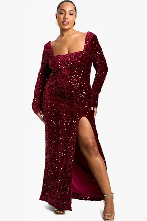 Boohoo Plus Fluwelen Glitter Maxi Jurk Met Pailletten En Split