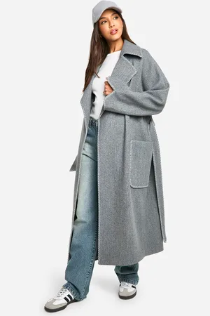 Boohoo Nepwollen Jas Met Contrasterende Stiksels En Ceintuur