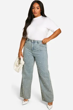 Boohoo Plus Wide Leg Jeans Met Parels